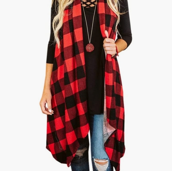 🔥 Womens Plaid Open Front Cardigan Sleeveless - Picture 2 of 7